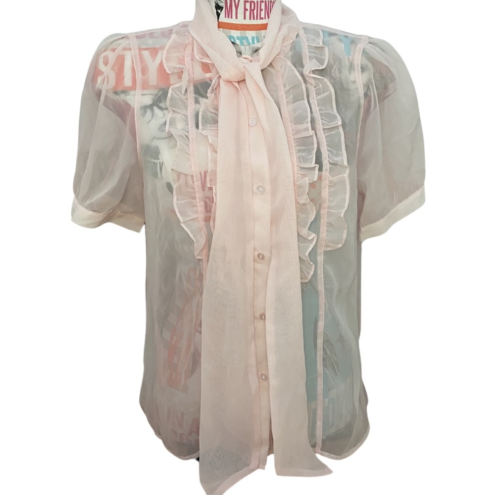 Suzy Shier Sheer Pink Ruffle Blouse